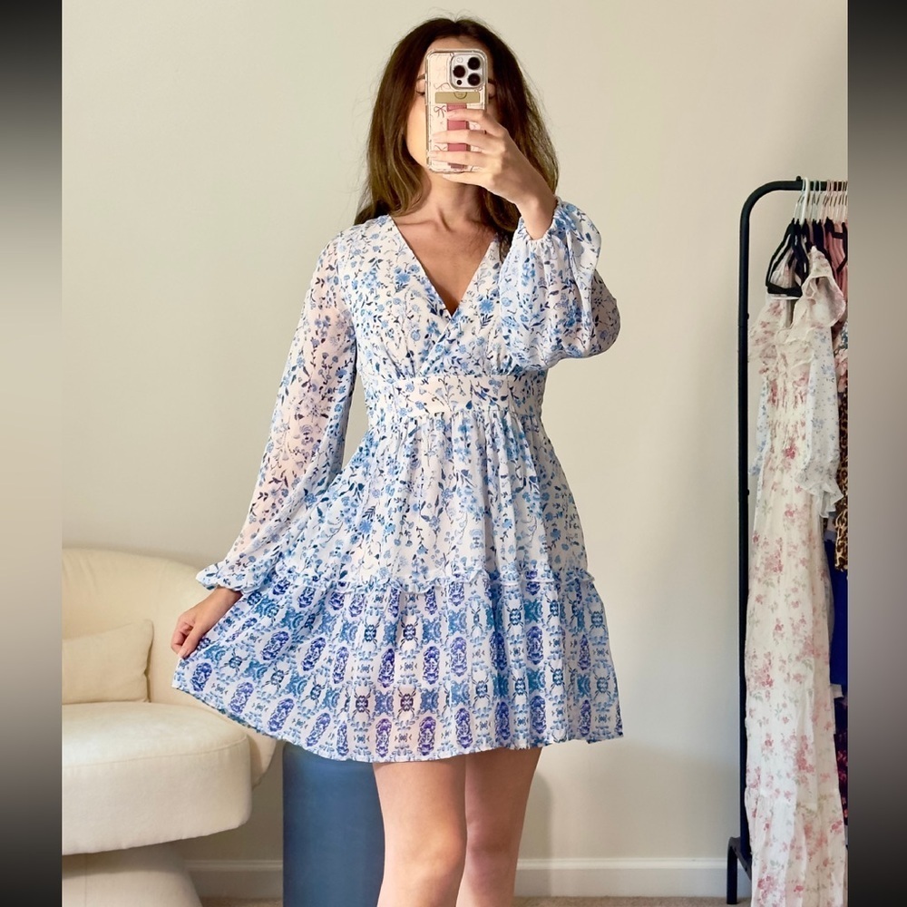 Japna long sleeve blue floral ruffle mini dress
